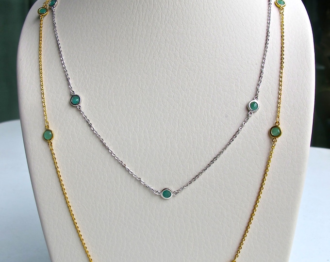 Natural Genuine Emerald Dainty Necklace- Round Green Emerald Chain Necklace- Necklace by the Yard- May Birthstone Classic Strand Necklace