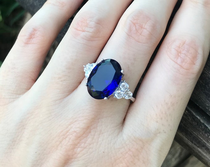 Large Blue Sapphire Oval Engagement Ring- Royal Blue Sapphire Promise Ring for Her-Blue Solitaire Anniversary Ring-September Birthstone Ring