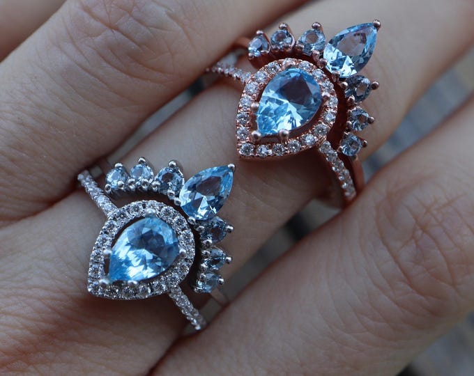 Teardrop Light Blue Topaz Halo Engagement Silver 2 Ring Set