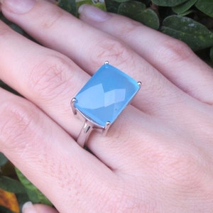Blue Chalcedony Statement Ring- Blue Gemstone Solitaire Ring- Rectangle Shape Stone Ring- Unique Sterling Silver Ring- Minimalist Blue Ring