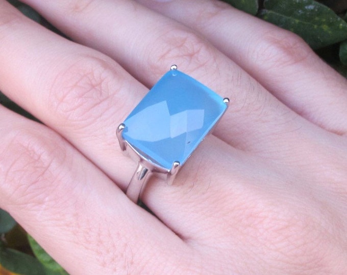 Blue Chalcedony Statement Ring- Blue Gemstone Solitaire Ring- Rectangle Shape Stone Ring- Unique Sterling Silver Ring- Minimalist Blue Ring