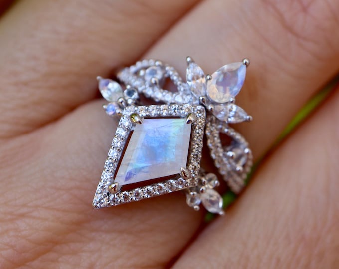 Kite Natural Rainbow Moonstone Halo Engagement Sterling Silver Rings