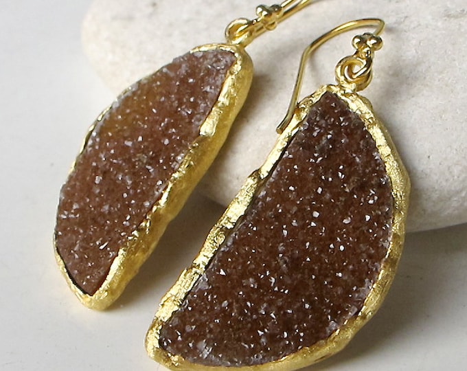 Raw Druzy Raw Crystal Earring- Large Brown Dangle Statement Earring- Real Duzy Semicircle Earring- Handmade Rough Gemstone Gold Earring