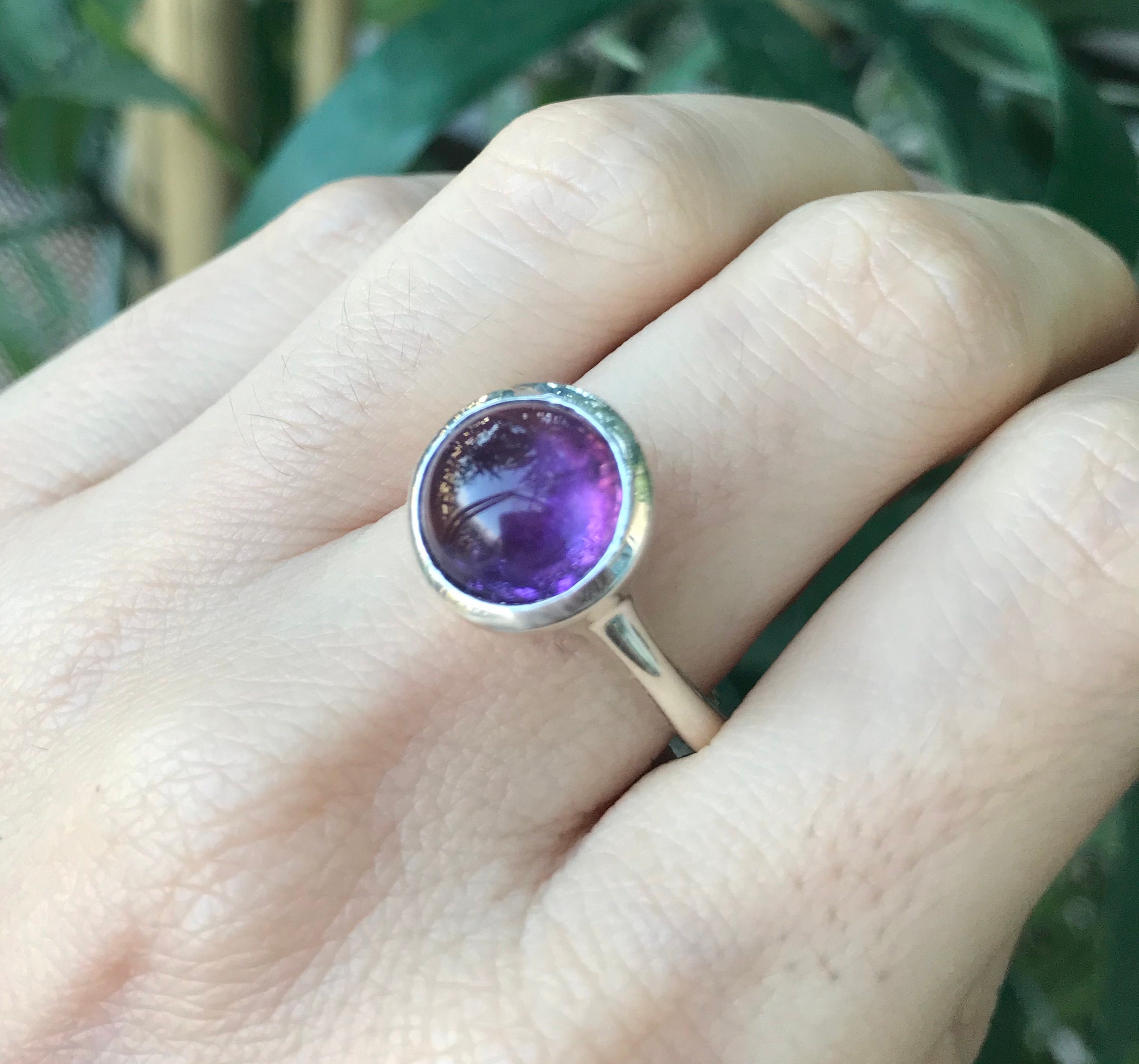 Round Amethyst Healing Cab Silver Ring Purple Amethsyt | Etsy