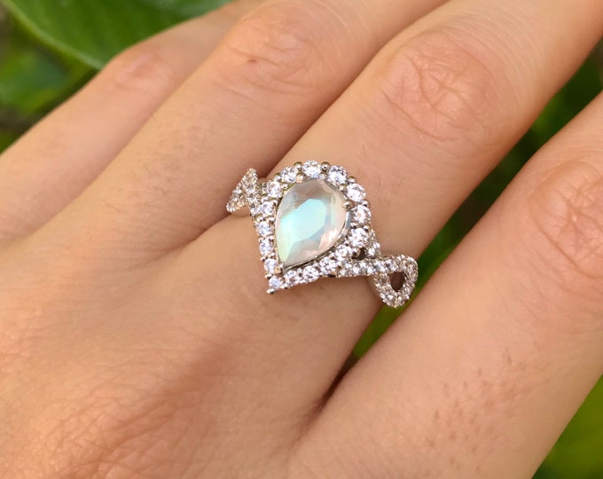 Teardrop Moonstone Infinity Engagement Ring- Genuine Rainbow Moonstone Promise Split Shank Ring- Moonstone Pear Halo Anniversary Ring