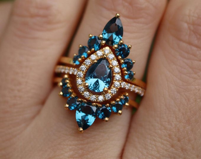 Teardrop Halo Dark Blue Topaz 14k 18k Gold Bridal 3 Ring Set