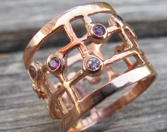 Cluster Ring Boho Pink Tourmaline Statement Geometric Ring Rose Gold Wide Band Ring