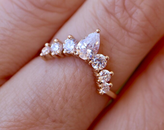 Cluster Pear and Round Moissanite Contour Wedding Band in Solid 10k 14k 18k Gold