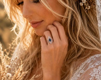 Teardrop London Blue Topaz Halo Bridal 3 Sterling Silver Ring Set-Pear Dark Blue Engagement Ring-December Birthstone Ring- Anniversary Ring