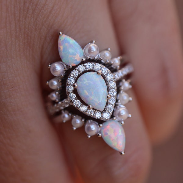 Pearl and Rainbow Opal Pear Engagement 3 Ring Set- Teardrop Halo with Pearl & Opal Bridal Rings- Iridescent Rainbow Rings