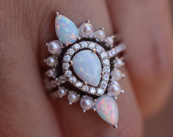 Teardrop Pearl and Rainbow Opal Engagement 3 Sterling Silver Ring Set- Pear Rainbow White Double Halo Ring- October June Birthstone Ring