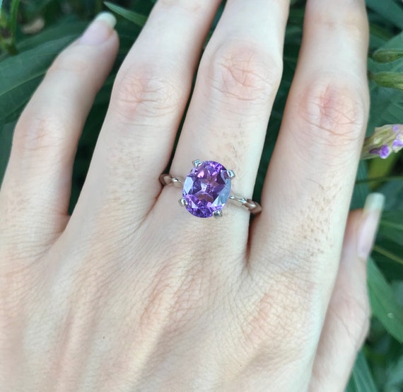Genuine Purple Amethyst Stackable Prong Ring- Oval Purple Gemstone Cocktail Ring- Sterling Silver Amethyst Ring-Unique Purple Statement Ring