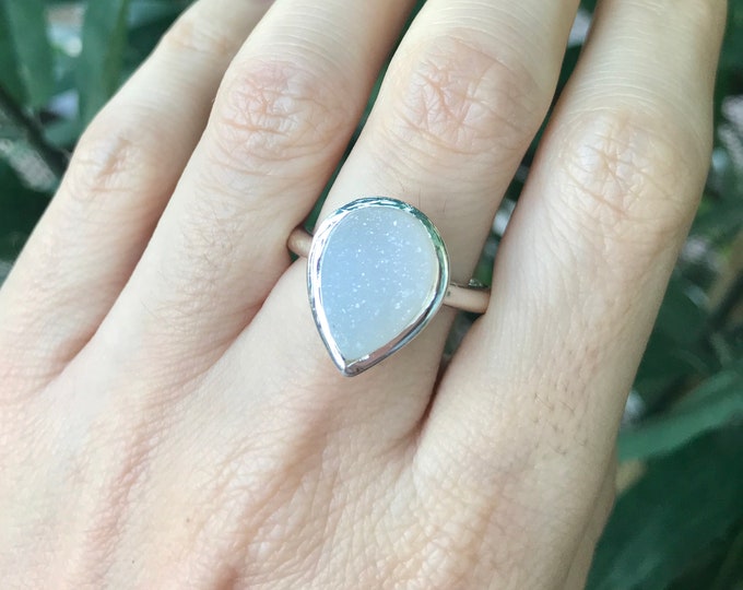 Teardrop White Druzy Galaxy Ring - Large Raw Pear Gemstone Solitaire Ring- Real Druzy Statement Silver Ring- Jewelry Gift Valentine Ring