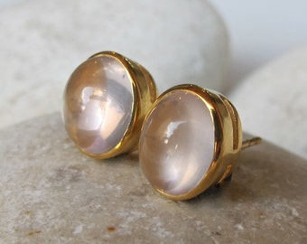 Oval Rose Quartz Stud Earring- Rose Gold Bezel Genuine Rose Quartz Earring- Light Pink Minimal Earring- Classic Sterling Silver Stud