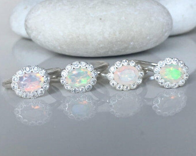 Oval Natural Halo Opal Engagement Ring-Genuine Natural Welo Opal Promise Silver Ring-Ethiopian Opal Anniversary Ring-October Birthstone Ring