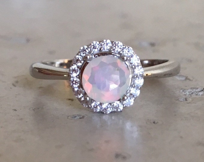 Round Opal Halo Dainty Promise Ring for Her- Genuine Fire Opal Petite Ring- Natural Welo Opal Anniversary Ring- October Birthstone Ring