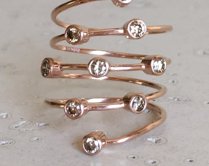 Rose Gold Wrapped Spiral Diamond Ring Champagne Diamond Coiled Bypass Multistone Statement Ring Modern Open Spring Ring