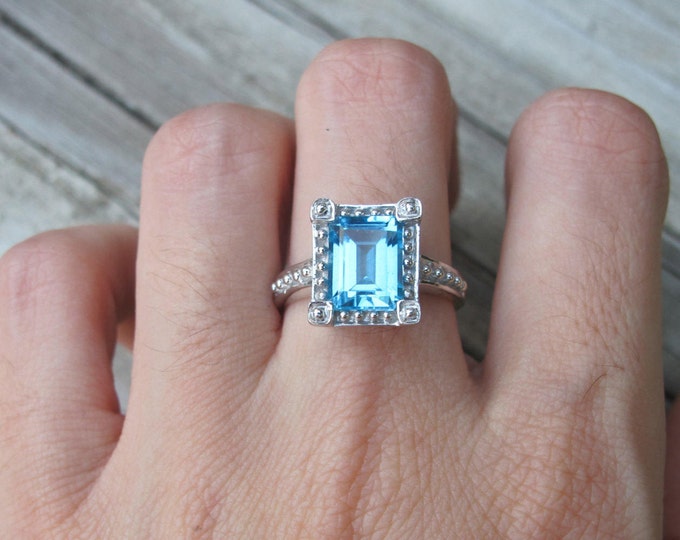 Blue Deco Engagement Ring- Emerald Engagement Ring- Rectangle Gemstone Engagement Ring- December Birthstone Ring- Solitaire Statement Ring