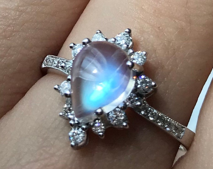 1.62ct Moonstone Celestial Teardrop Engagement Ring- Moonstone Diamond Halo 14k White Gold Promise Ring- Cabochon Moonstone Gold Ring