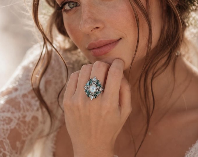 Vintage Oval Moonstone Halo Engagement 3 Ring Set with Paraiba Tourmaline
