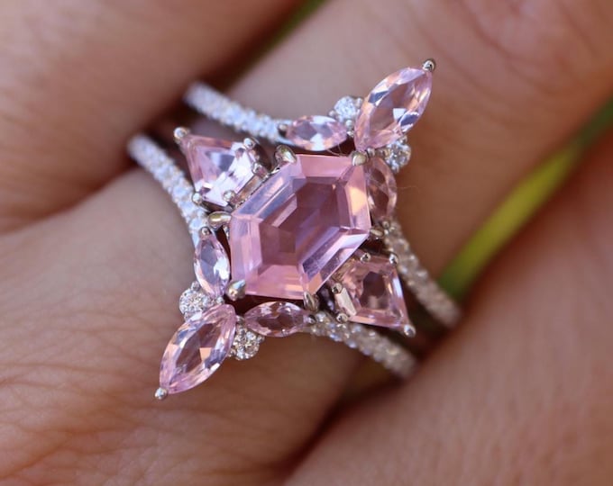 Hexagon Pink Morganite Prong Bridal Ring