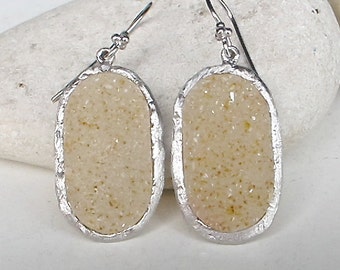 Silver Druzy Dangle Earring Oval Long Drop