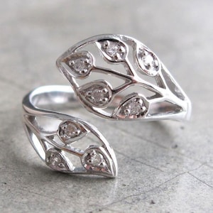 Diamond Leaf Promise Ring- Twig Bohemian Engagement Ring- Unique Bridal Wedding Ring- April Birthstone Ring- Adjustable Double Branch Ring