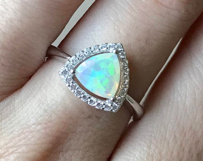 Triangle Opal Engagement Ring- Genuine Opal Promise Ring- Halo Opal Anniversary Ring- Solitaire Silver Opal Ring- October Boho Ring-