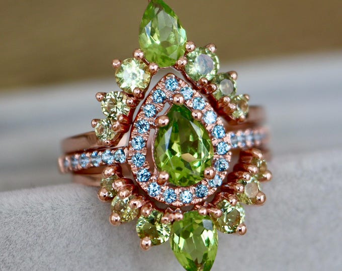 Halo Teardrop Peridot and Paraiba Tourmaline Bridal 3 Ring Set- Pear Green Blue Anniversary 14k Gold Ring- August Birthstone Ring