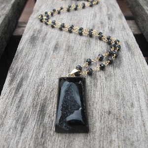 Rectangle Black Druzy Raw Necklace Rustic Boho Gemstone Necklace
