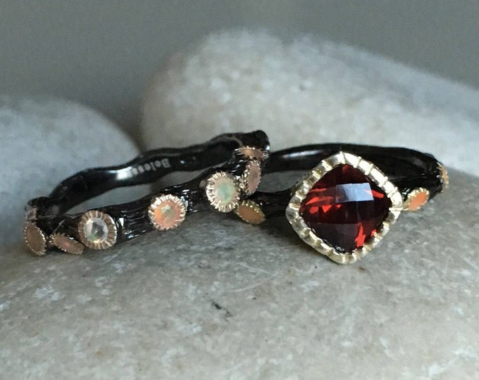 Garnet Bridal Rustic Ring Set with Opal Band- Unique Garnet Opal Engagement Ring Set- January October Birthstone Ring- Whimsical 2 Ring Set