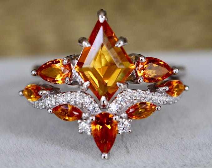 Kite Orange Citrine Engagement Prong 14k Gold Engagement 2 Rings-Marquise Pear Yellow Gemstone 18k White Gold Ring-14k Rose Gold Bridal Ring