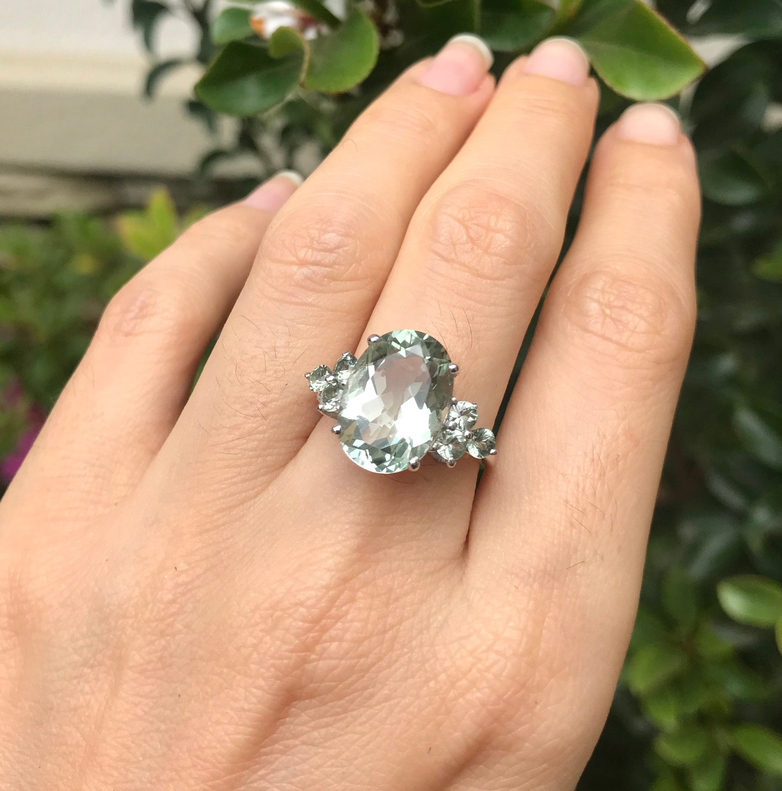 Genuine Oval Green Amethyst Engagement Ring Large Natural