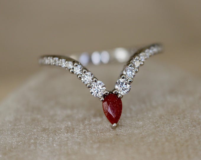 Pear Gold Sandstone with Moissanite Deep V Chevron Sterling Silver Wedding Band