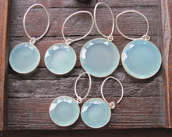 Blue Chalcedony Hoop Dangle Earring- Aqua Blue Round Drop Earring- Classic Everyday Drop Baby Blue Silver Earring- Minimalist Simple Earring