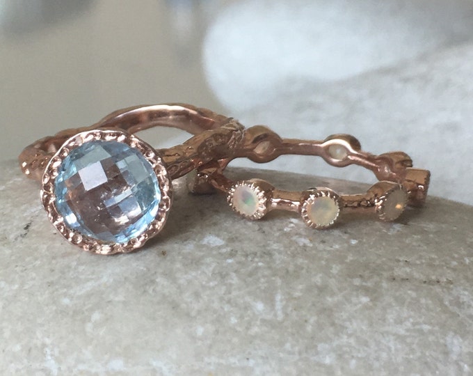 Genuine 8mm Round Light Blue Topaz Rose Gold Ring Set-Natural Facet Blue Topaz Opal 2 Ring Set- Nature Inspired December October Birthstone