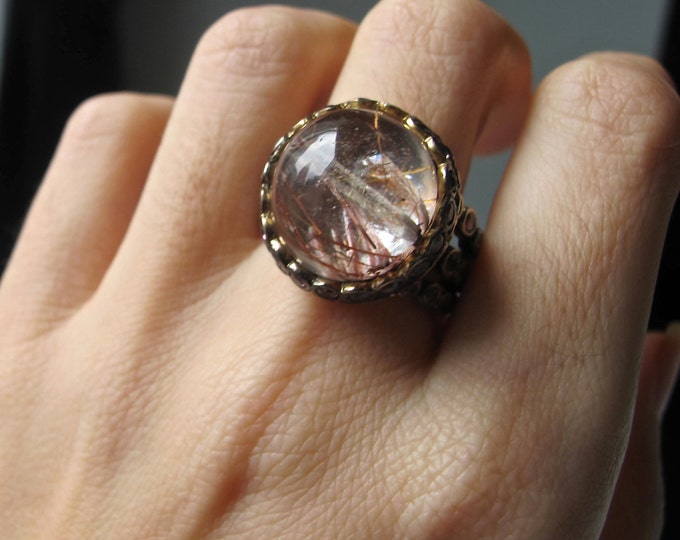 22ct Copper Rutilated Quartz Dome Round Mood Ring- Unique Avant Garde Solitaire Rutile Quartz Ring- Designer Cabochon Dome Ring-