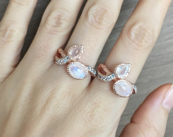 Rose Gold Moonstone Leaf Ring- Tree Branch Statement Ring- MultiStone June Birthstone Ring- Unique Gemstone Twig Ring