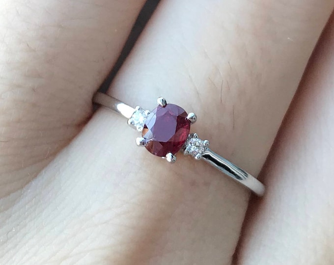 Dainty Genuine Ruby Engagement Ring with Diamonds in 18k Gold Small Oval Ruby Promise Ring