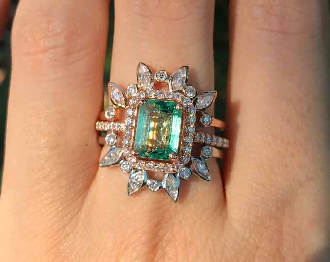 1.35ct Genuine Emerald Halo Engagement Ring Set- 14k Large Emerald Diamond Bridal Ring Set- Natural Rectangle Emerald Halo 3 or 2 Ring Set