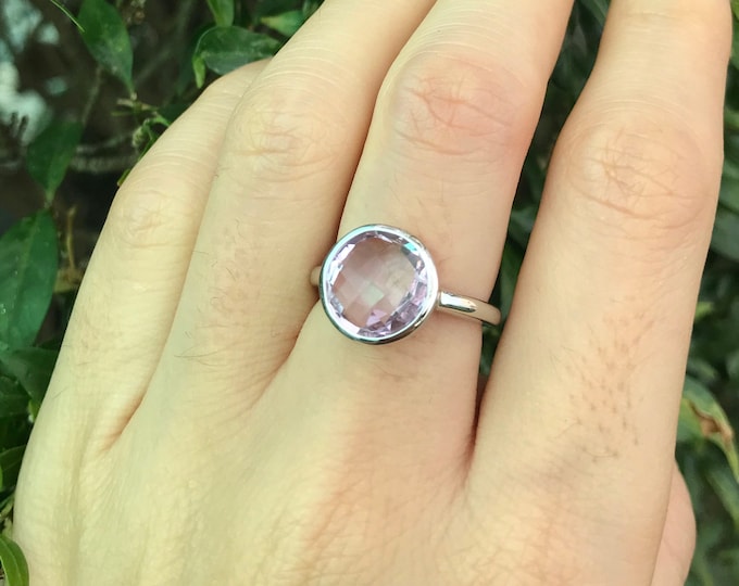 Pink Amethyst Round Stack Ring- Lilac Gemstone Silver Ring- Light Purple Pink Stone Ring- Ring for Teen- February Birthstone Ring