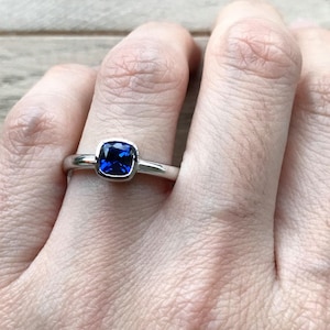 Simple Blue Sapphire Engagement Ring- Cushion Cut Sapphire Promise Ring- Stack September Birthstone Ring- Blue Gemstone Alternative Ring