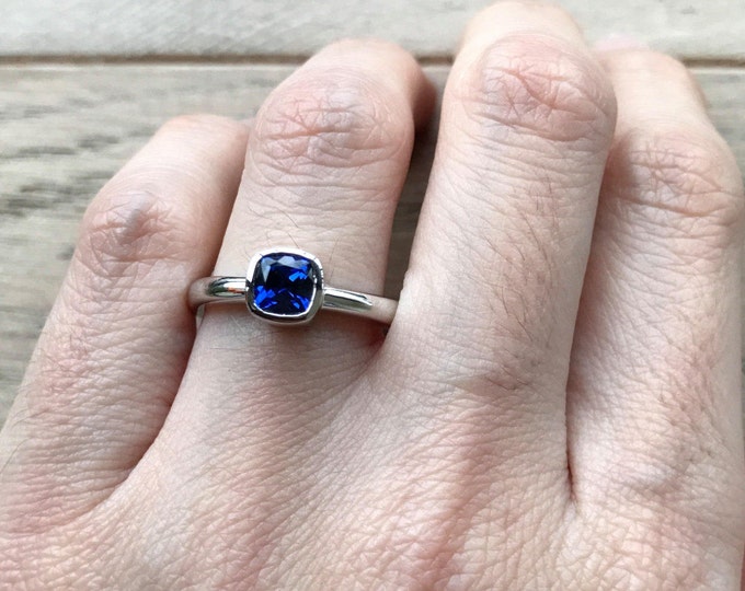 Simple Blue Sapphire Engagement Ring- Cushion Cut Sapphire Promise Ring- Stack September Birthstone Ring- Blue Gemstone Alternative Ring