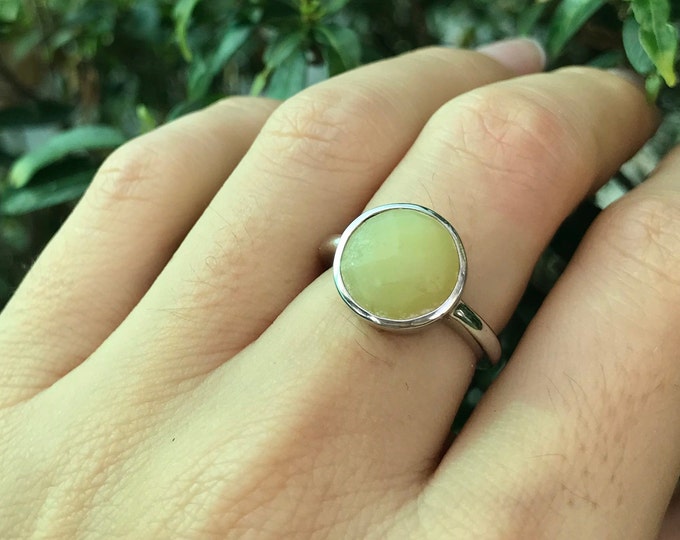 Round Yellow Serpentine Genuine Natural Gemstone Ring- Stackable Yellow Stone Ring- Faceted Yellow Sterling Silver Ring- Classic Yellow Ring