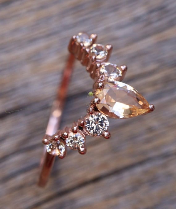 Peach Morganite Cluster Pear Round Curve Wedding Band in Solid 10k 14k 18k Gold