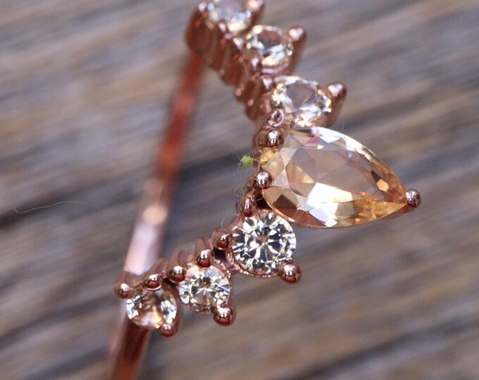 Peach Morganite Solid Real 14k Gold Wedding Band- Champagne Contour Rose Gold 18k Band- Beige Chevron V White Gold Personalize 10k Band