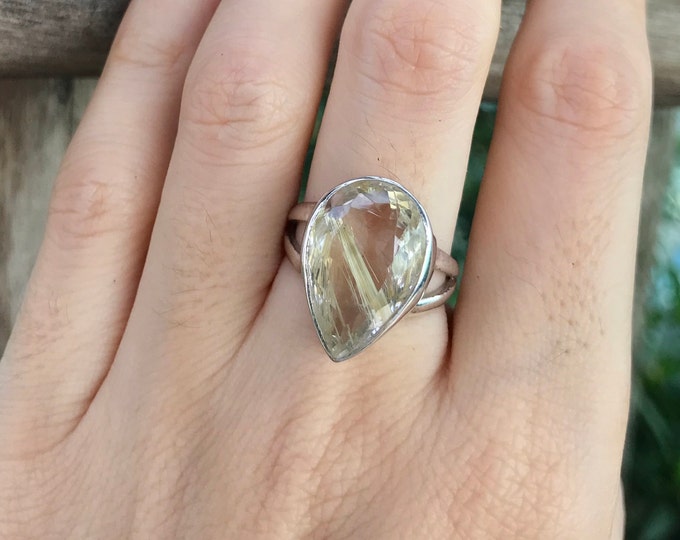 Gold Rutile Teardrop Statement Ring- Large Rutile Quartz Pear Silver Solitaire Ring- Unique Gemstone Ring- Gold Quartz Ring- Bezel Ring