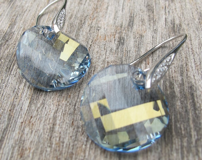 Swarovski Crystal Dangle Earring- Round Blue Drop Earring- Blue Quartz Dangle Earring- Sterling Silver Circle Earring