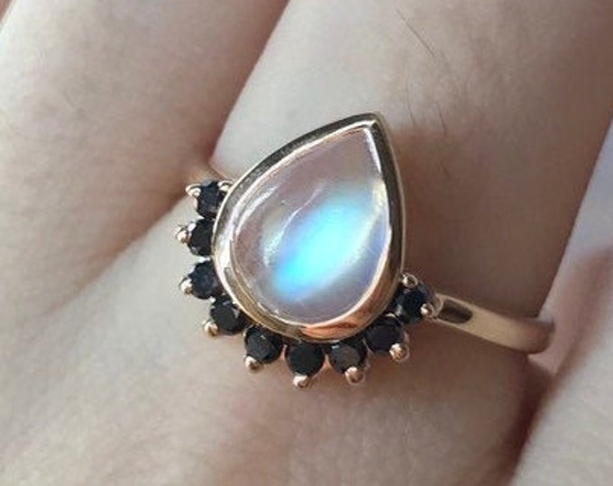 Teardrop Moonstone Halo Black Diamond 18k Gold Ring- Genuine Rainbow Moonstone Engagement Ring- Pear Promise Moonstone Cab Solitaire Ring