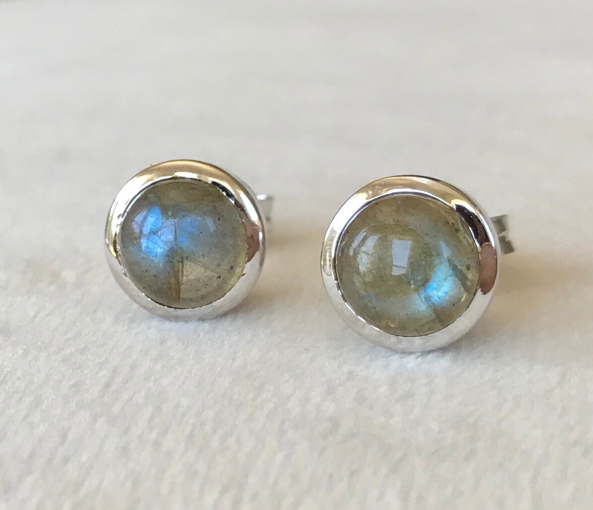 Classic Round Labradorite Stud Silver Earring- Smooth Simple ...